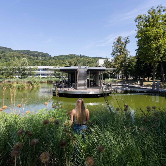 Grüne Parklandschaft mit einem Teich und einem modernen Pavillon in Linz | © Linz Tourismus